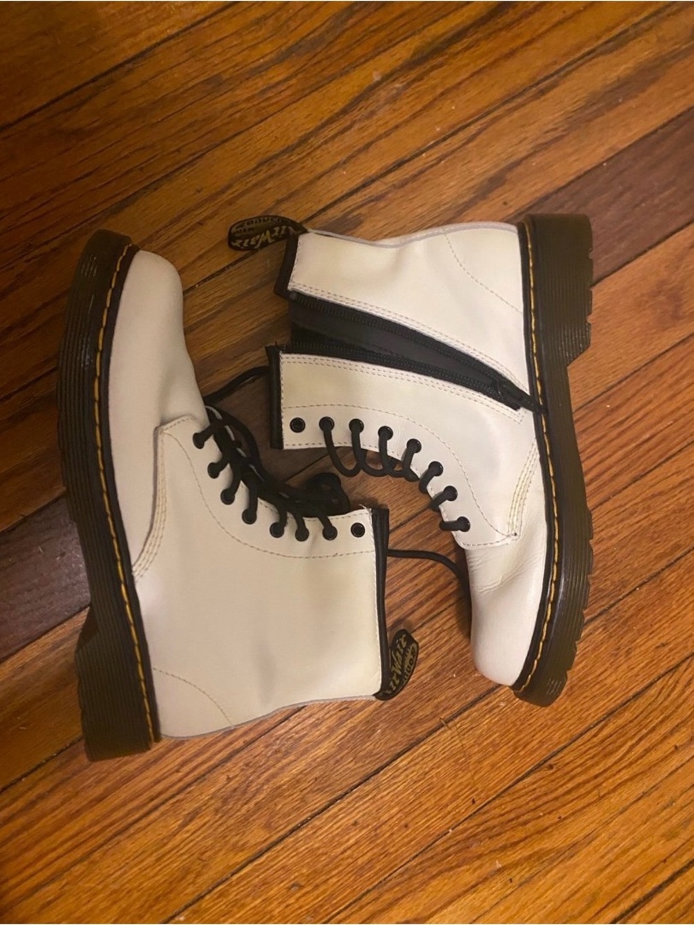 Dr. Martens White Leather Lace-Up Combat Boots with Black Soles